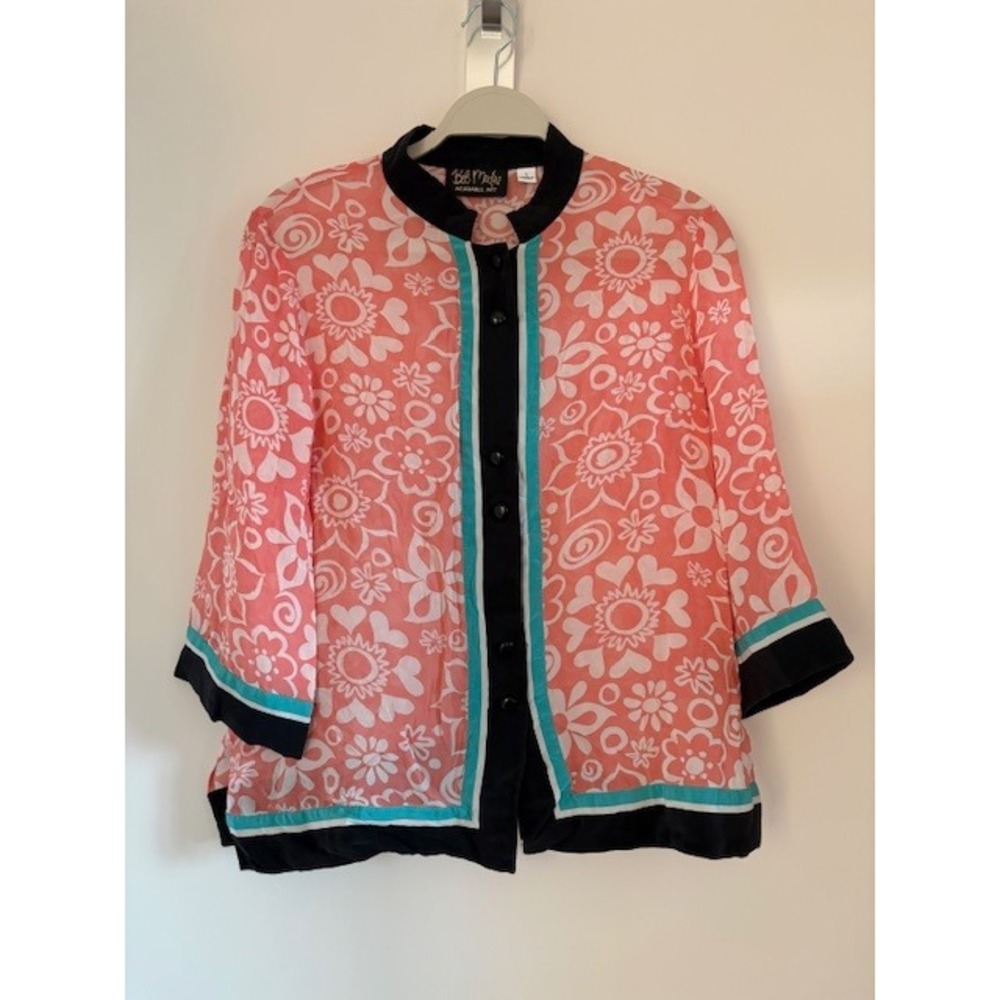 Bob Mackie Wearable Art Pink‎ Floral 100% Silk Button Down Blouse Large Womens
